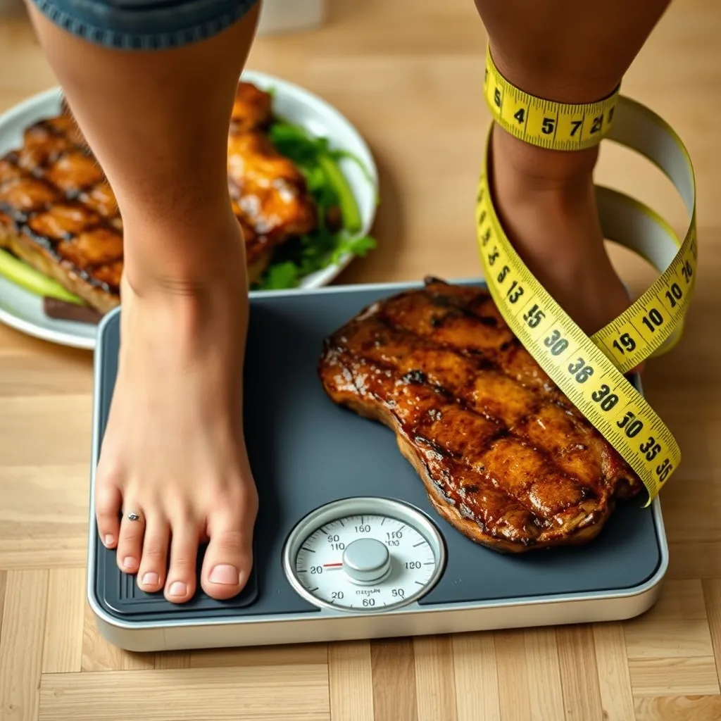 A photorealistic image depicting a person standing on a scale, with a dramatic decrease in weight displayed. The background should feature a plate of grilled steak and a close-up of a measuring tape wrapped around a person's waist, emphasizing the rapid weight loss associated with this diet.