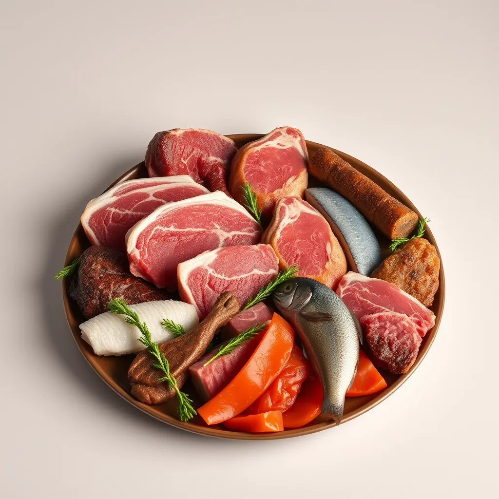 A photorealistic image depicting a plate filled with various cuts of red meat, poultry, and fish, with a minimalistic and clean background, showcasing the simplicity and wholesomeness of the carnivore diet.