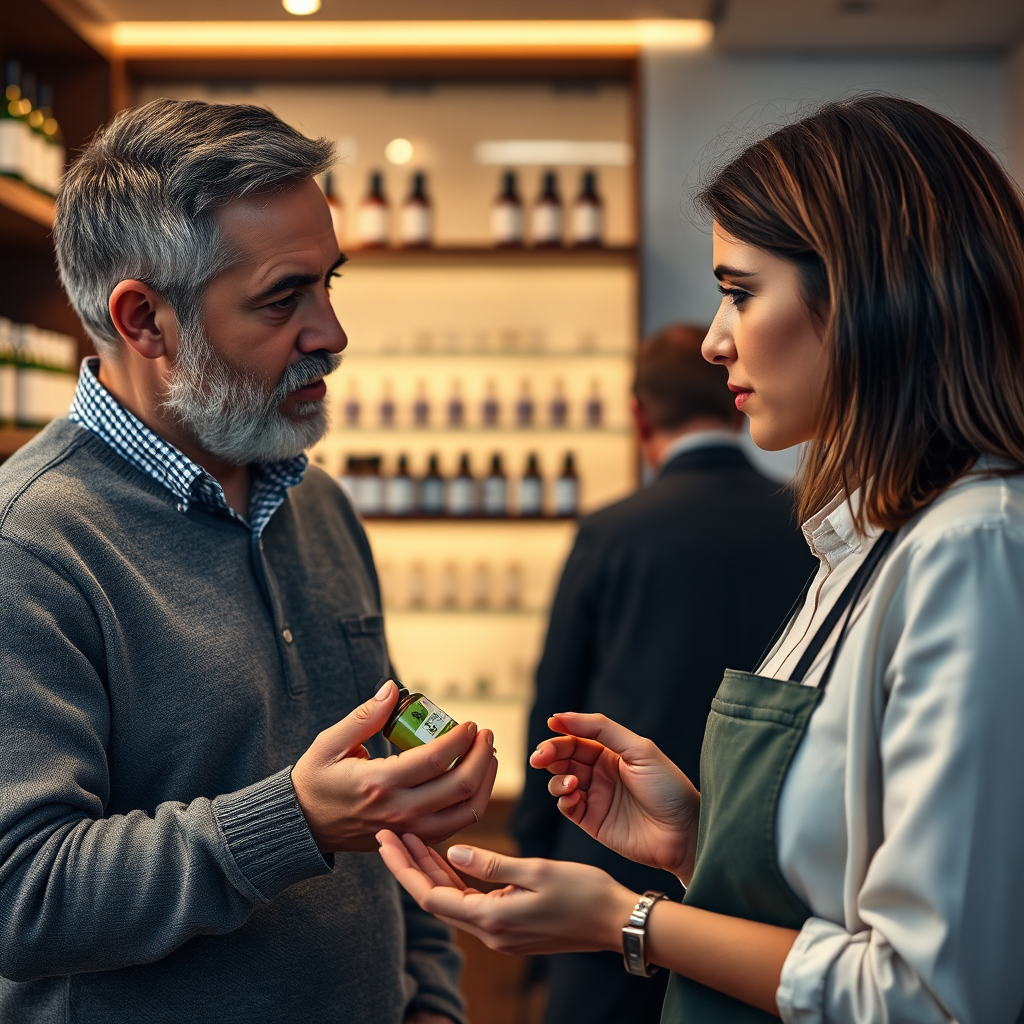 A photorealistic image depicting a patient consulting with a knowledgeable dispensary staff member. The staff member is holding a cannabis product and explaining its benefits. The lighting should be warm and inviting, creating a sense of trust and expertise. Camera angle: Medium close-up, focusing on the interaction between the patient and staff member. Style: Modern retail photography.