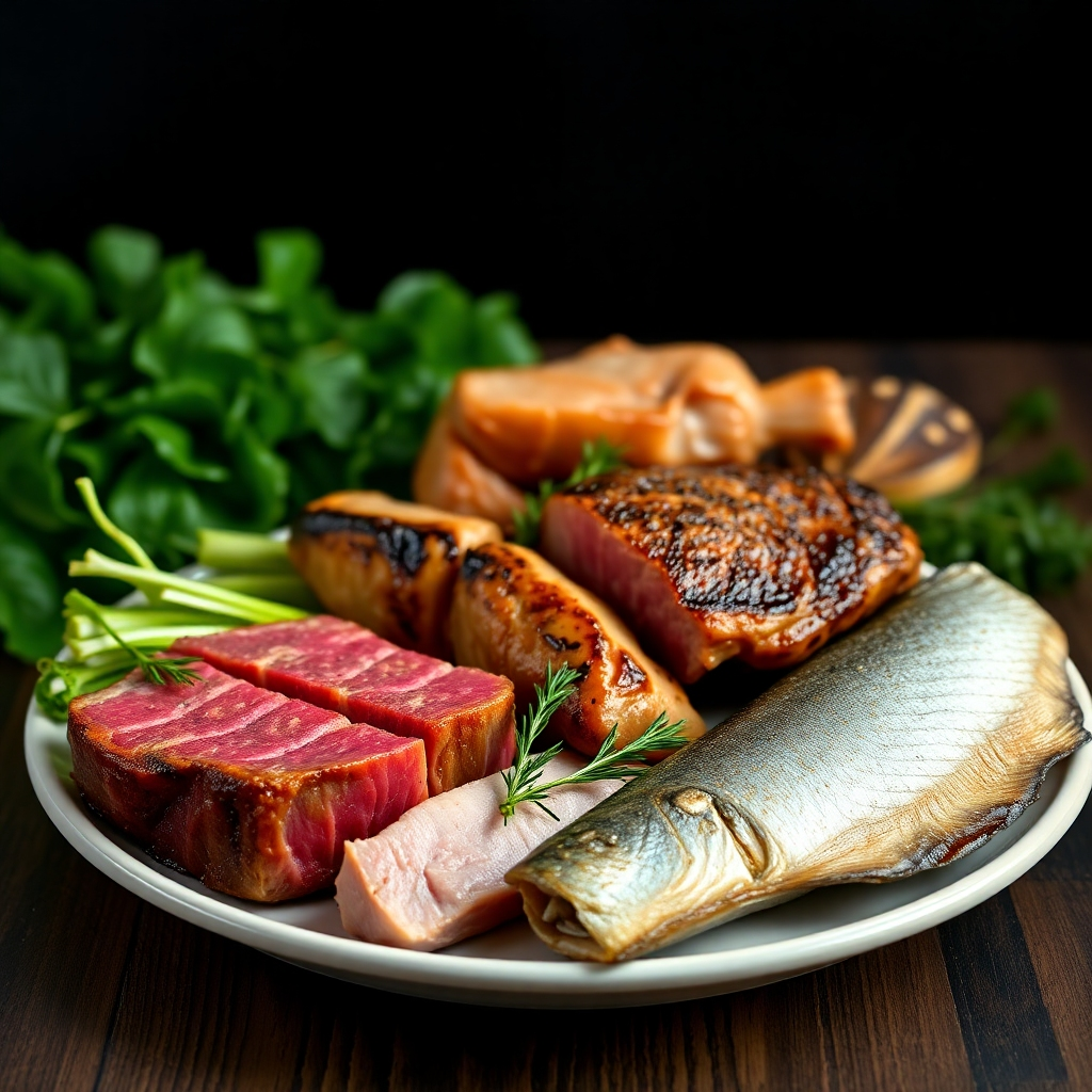 A photorealistic image depicting a balanced meal plan consisting of various cuts of meat (steak, chicken, fish) arranged attractively on a plate. The background should subtly showcase leafy greens and vegetables to visually represent the exclusion of these elements from a carnivore diet.  The lighting should convey health and satiety.