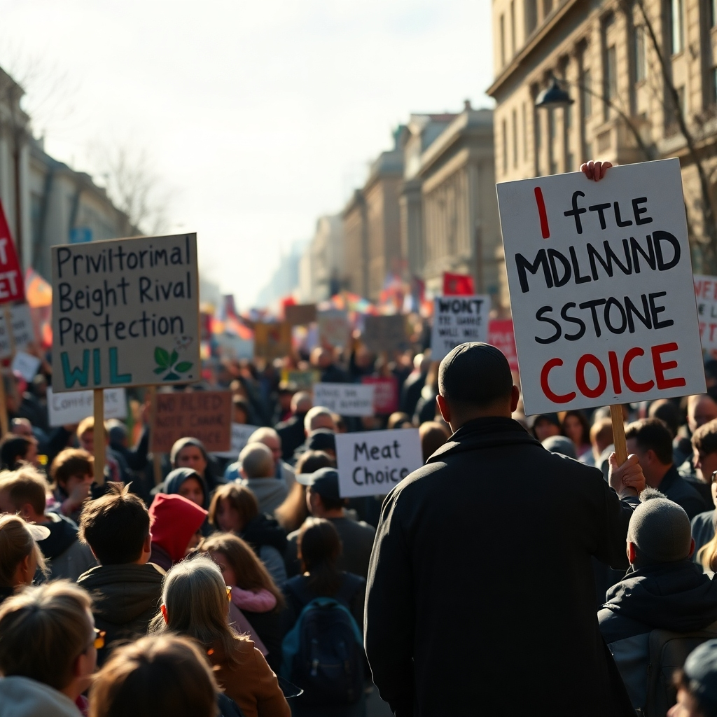 A photorealistic image depicting a protest or demonstration with a divided crowd. One side carries signs supporting animal rights and environmental protection, while the other side carries signs highlighting the benefits of meat consumption and personal choice. A subtle, almost imperceptible, shadowy figure is manipulating the situation from afar.