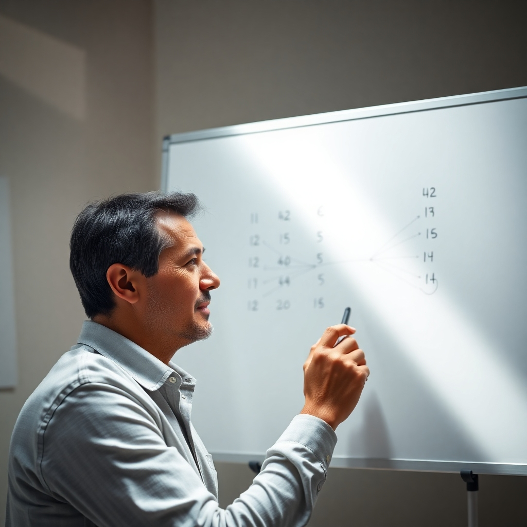 A photorealistic image depicting a person calmly and thoughtfully working through a complex puzzle or problem on a whiteboard, with a sunbeam illuminating the scene, symbolizing clarity, inspiration, and a positive outlook.  The person's facial expression should convey determination and focus, yet relaxed and optimistic. The background should be a clean and minimalist workspace.
