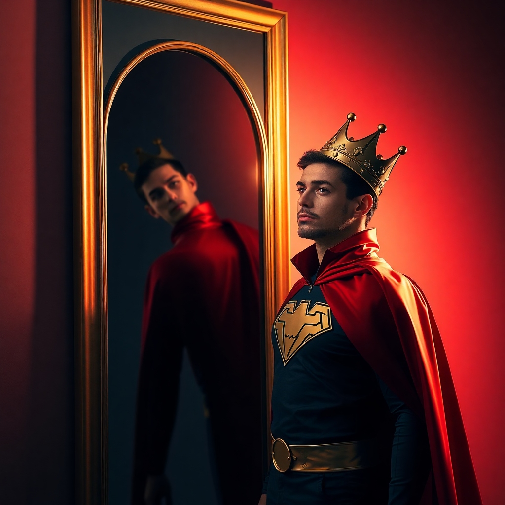 A photorealistic image depicting a person standing tall and confident in front of a mirror. In the mirror, they see a reflection of their ideal self: successful, empowered, and fulfilled. Subtle visual cues, like a superhero cape or a crown, are incorporated to enhance the sense of confidence and power. The lighting should be dramatic and inspiring, with a focus on highlighting the person's face and the reflection in the mirror. The color palette should be bold and empowering, using a mix of reds, golds, and blues to create a sense of strength and determination.