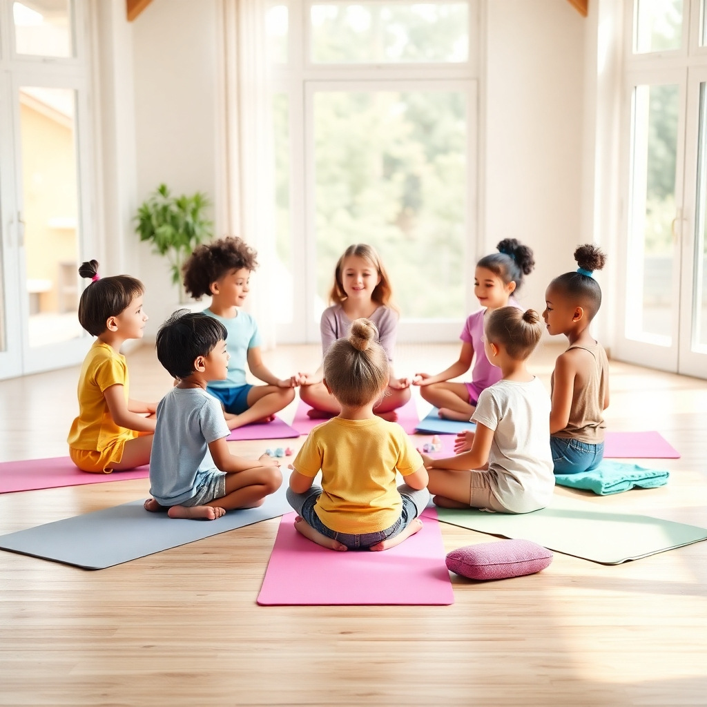 A photorealistic image depicting a diverse group of children joyfully participating in a guided meditation session. The children are seated in a circle on yoga mats in a bright, airy studio, led by a kind and patient instructor. Soft, natural light filters through large windows. Subtle sound wave patterns are visually represented as gentle, colorful ripples emanating from a central point. Each child has a unique expression of calm focus. Props include yoga mats, meditation cushions, and small crystals. The color palette is warm and inviting, with a focus on pastel blues, greens, and purples. The camera angle is slightly elevated, capturing the entire scene. Textures are detailed: the smooth yoga mats, the children's clothing, the subtle sound wave patterns. The overall style is calming and uplifting, conveying a sense of peace and well-being. 4K resolution, high quality.