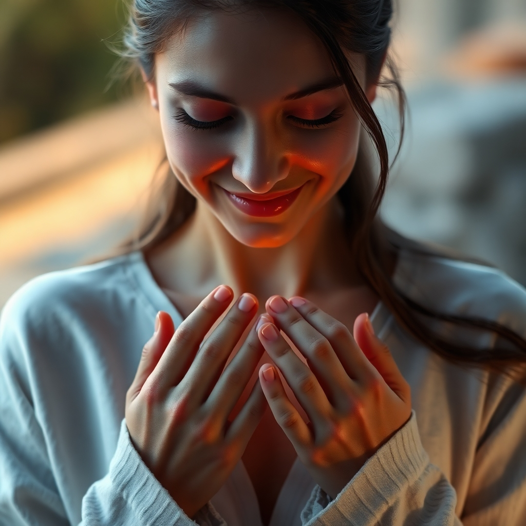 A photorealistic image depicting a person gently holding their hands to their heart, eyes closed, a soft smile on their face. The background could be a blurred image of nature, suggesting calmness and serenity. The focus should be on the person's gentle expression, evoking feelings of self-love and acceptance. The lighting should be soft and warm, creating a compassionate and intimate atmosphere. The image should convey a deep sense of self-compassion and inner peace.