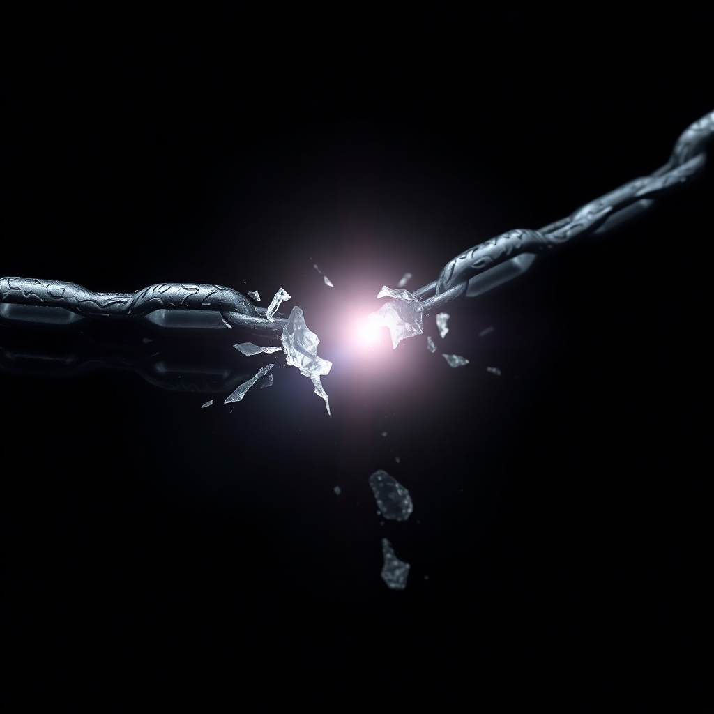 A photorealistic image depicting a metaphorical chain breaking apart. The chain should be made of dark, heavy links representing limiting beliefs, while the breaking links should reveal bright, glowing light symbolizing freedom and potential.  The background should be dark to contrast with the light, creating a sense of drama and overcoming adversity.  The focus should be on the breaking of the chain and the emerging light.