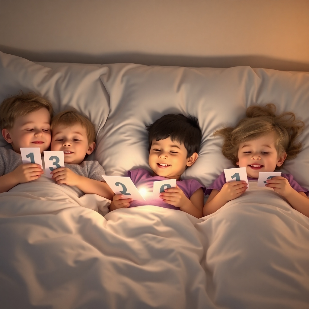 A photorealistic image depicting several children happily learning numbers while lying in bed. Soft lighting and calming colors create a relaxing environment.