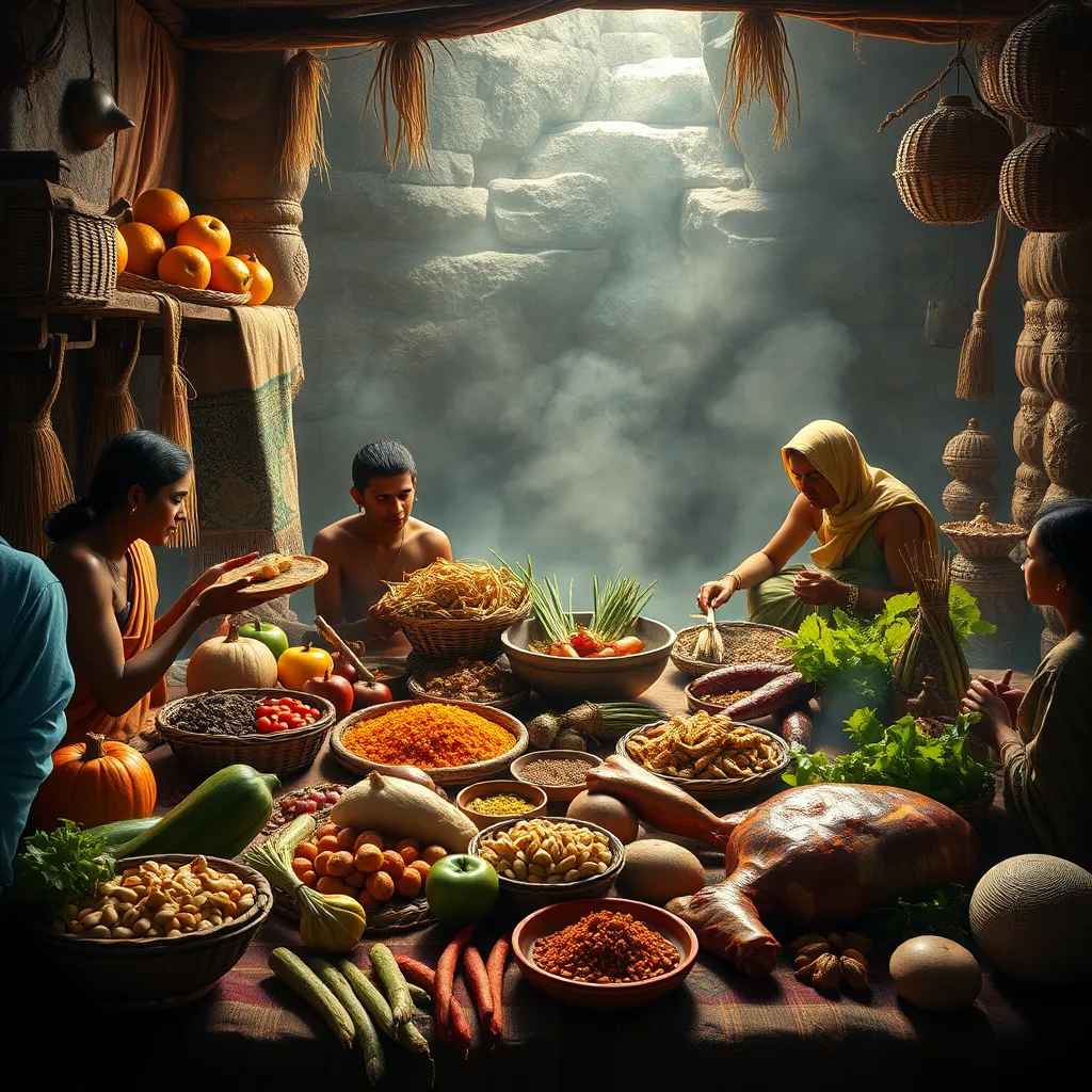 A photorealistic image depicting a historical illustration of ancient Indian life, showing a diverse range of food options including fruits, vegetables, grains, and meat, highlighting the complexity of their diet. The image should focus on conveying the historical nuances of Indian food practices.