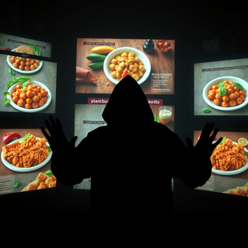 A photorealistic image depicting a shadowy figure manipulating media screens displaying images of plant-based foods and propaganda. The background should be dark and ominous, with the shadowy figure subtly highlighted.  The overall mood should be suspenseful and mysterious, emphasizing a sense of manipulation and control.