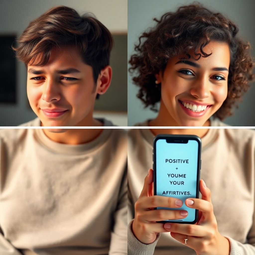 A photorealistic image depicting a split screen. One side shows a YouTube creator receiving hateful comments and visibly upset, shoulders slumped.  The other side shows the same creator, smiling confidently, using a phone app displaying positive affirmations. Both images should have similar lighting and background, emphasizing the transformation through affirmations.