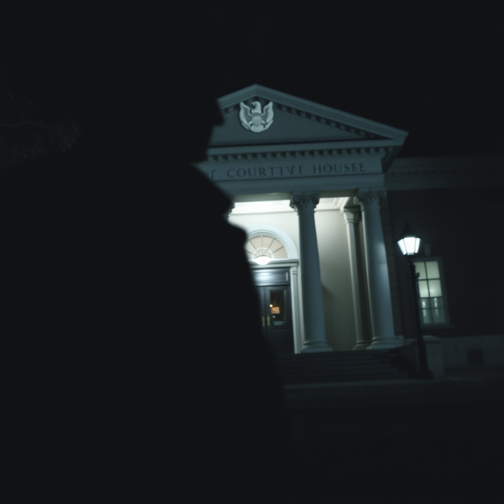 A photorealistic image depicting a blurred silhouette of a person standing in front of a courthouse. The person is partially obscured by shadows, creating a sense of mystery and unease. The color palette is dark and somber, with shades of gray, black, and blue dominating. The lighting is dramatic, with harsh shadows and stark contrasts. The camera angle is low, emphasizing the imposing nature of the courthouse. Textures are gritty and realistic, conveying a sense of fear and uncertainty. Style is reminiscent of film noir. Setting is a dimly lit street in Norfolk, Virginia, at night. The image should evoke a sense of danger and consequence, highlighting the risks associated with illegal activities.