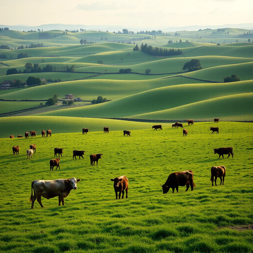 A photorealistic image depicting a large-scale cattle farm with rolling green hills and grazing cows, but with a focus on the details of the farm infrastructure and equipment, highlighting potential areas for improvement in terms of animal welfare and environmental sustainability. The image should convey both the beauty of the landscape and the potential for change within the livestock industry.