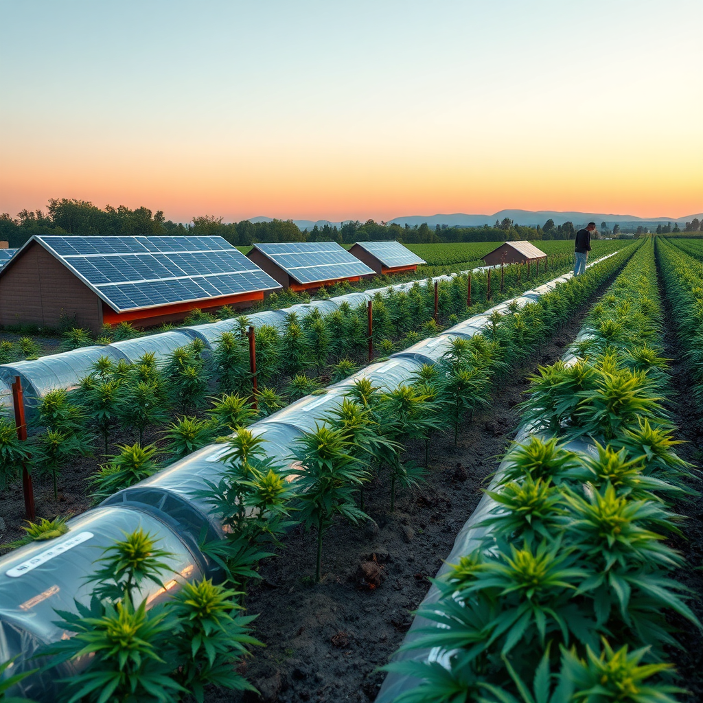 A photorealistic image depicting a sustainable cannabis farm in Virginia, incorporating renewable energy and water conservation techniques. The scene should convey a sense of environmental responsibility and stewardship. 4K resolution, high quality.