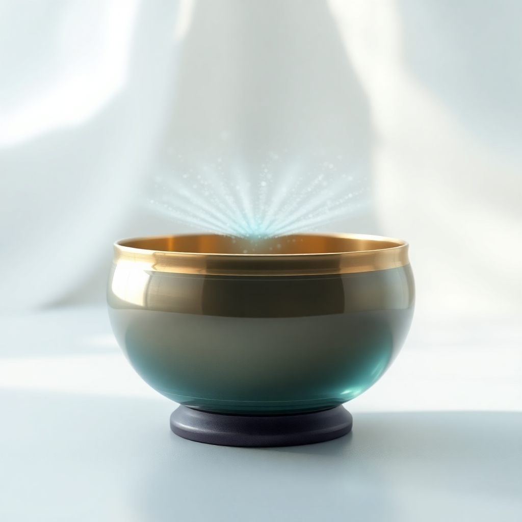 A photorealistic image depicting a singing bowl resonating with visible sound waves. The bowl is made of crystal, and the waves are visualized as shimmering, ethereal energy. Soft, diffused light illuminates the scene. The background is blurred to emphasize the bowl. Color palette: calming blues, greens, and silvers. Style: minimalist, peaceful. Technical specs: 4K, high detail.
