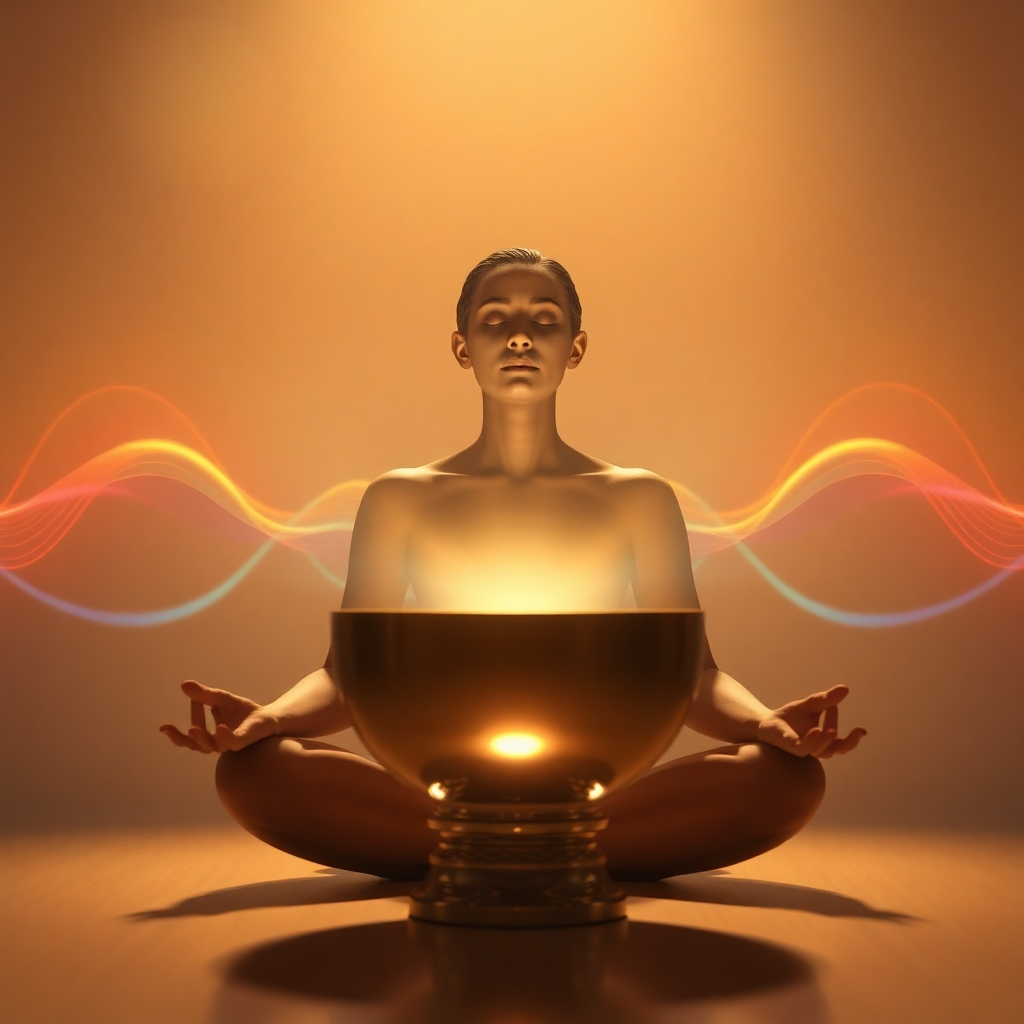 A photorealistic image depicting a person peacefully meditating, surrounded by soft, warm light.  Subtle, swirling sounds waves of various colors are visible around them, emanating from a crystal bowl.  In the background, a stylized representation of Solfeggio frequency waveforms should be visible, creating a sense of calm and profound healing.  The image should have a serene and harmonious aesthetic.