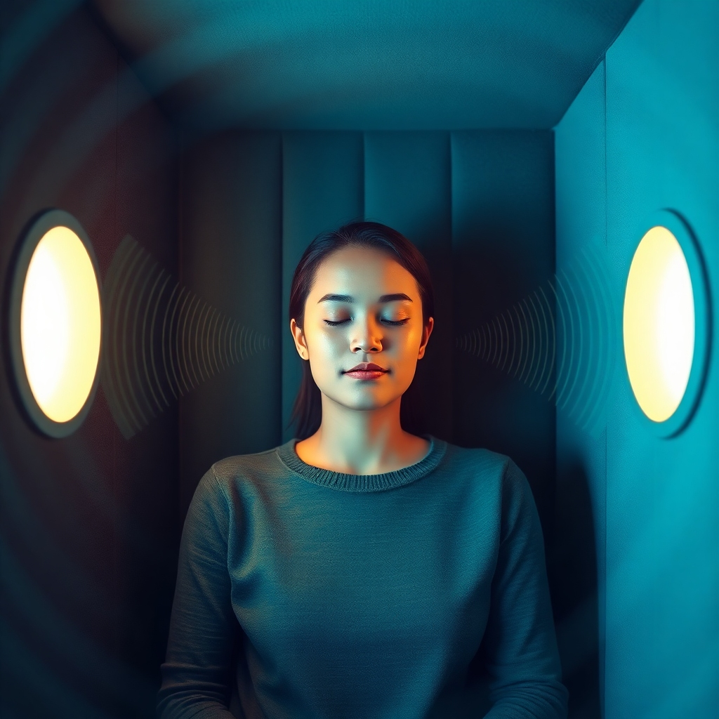 A photorealistic image depicting a person sitting in a soundproof booth. The person is centered in the image and shown from the shoulders up. They are surrounded by sound waves of various frequencies. The sound waves appear to be swirling around and through the person. They have a peaceful facial expression. The image should have a calming color palette with blues and greens, representing healing and peace. A slight vignette effect should be applied to draw focus to the person's face. The image should be in 4K resolution with sharp focus.