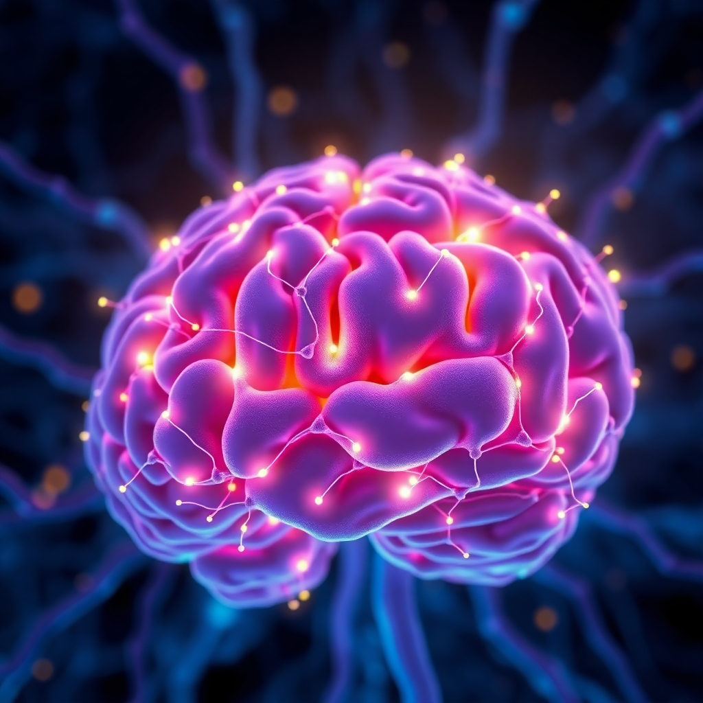 A photorealistic image illustrating neural pathways in the brain being strengthened and illuminated through the repeated transmission of positive affirmations. Visualize the brain as a network of interconnected nodes, with glowing lines representing neural connections. As affirmations are repeated, these lines become brighter and thicker, symbolizing the strengthening of neural pathways. The color palette is primarily blue and purple, with highlights of gold and green representing positive energy. The camera angle is a close-up, focusing on the intricate details of the neural network. Texture details include the organic texture of the brain tissue and the luminous texture of the neural connections. 4K resolution, high quality, evoking a sense of scientific accuracy and the power of repetition.
