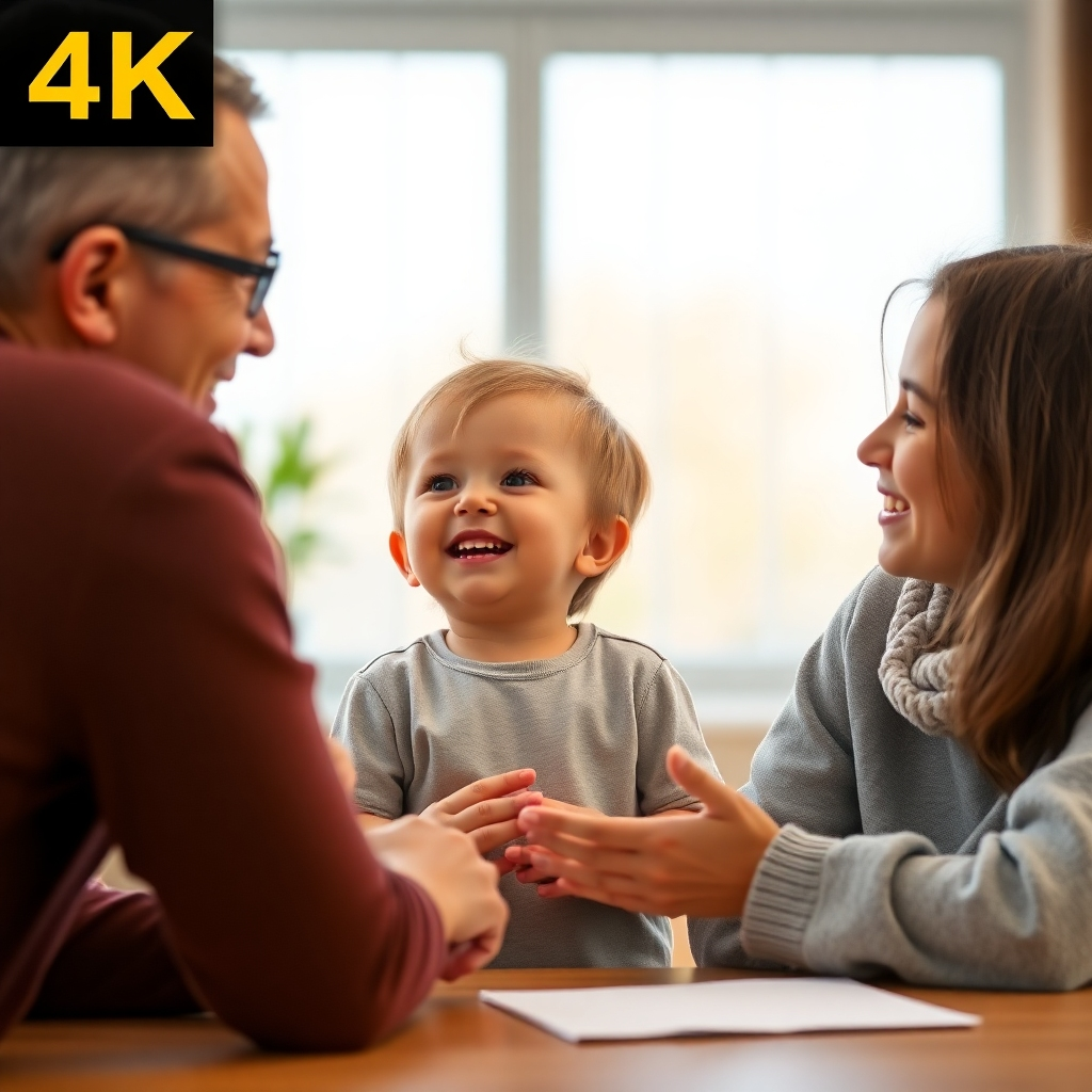 A photorealistic image, in 4K, of a child happily practicing Spanish and English phrases with a parent or teacher. The interaction should be warm and supportive.