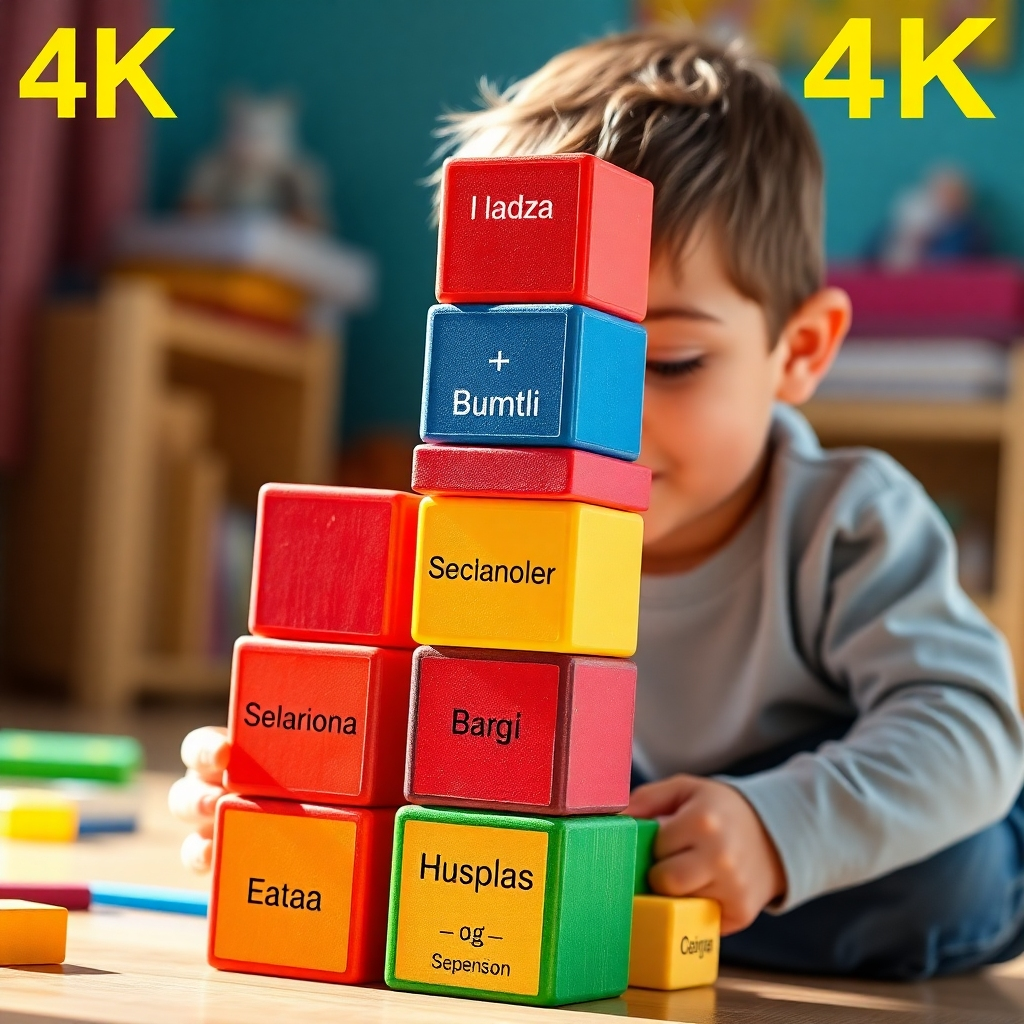 A photorealistic image in 4K, depicting a child building a tower using colorful blocks, with Spanish and English words printed on each block. The scene should be bright, colorful, and convey a sense of building and growing.