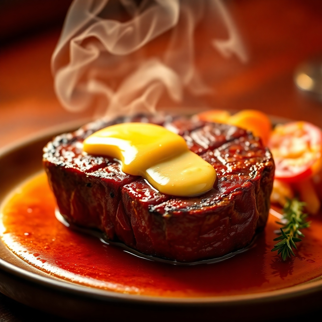 A photorealistic image of a beautifully presented carnivore meal, such as a perfectly cooked steak with bone marrow butter. The food is steaming slightly, conveying freshness and deliciousness. The lighting is warm and inviting, highlighting the rich colors and textures of the food. The color palette is predominantly red, brown, and yellow, creating a sense of warmth and abundance. Shot from a slightly high angle, showcasing the food in all its glory. 4K resolution, high quality, with sharp focus on the textures and details.