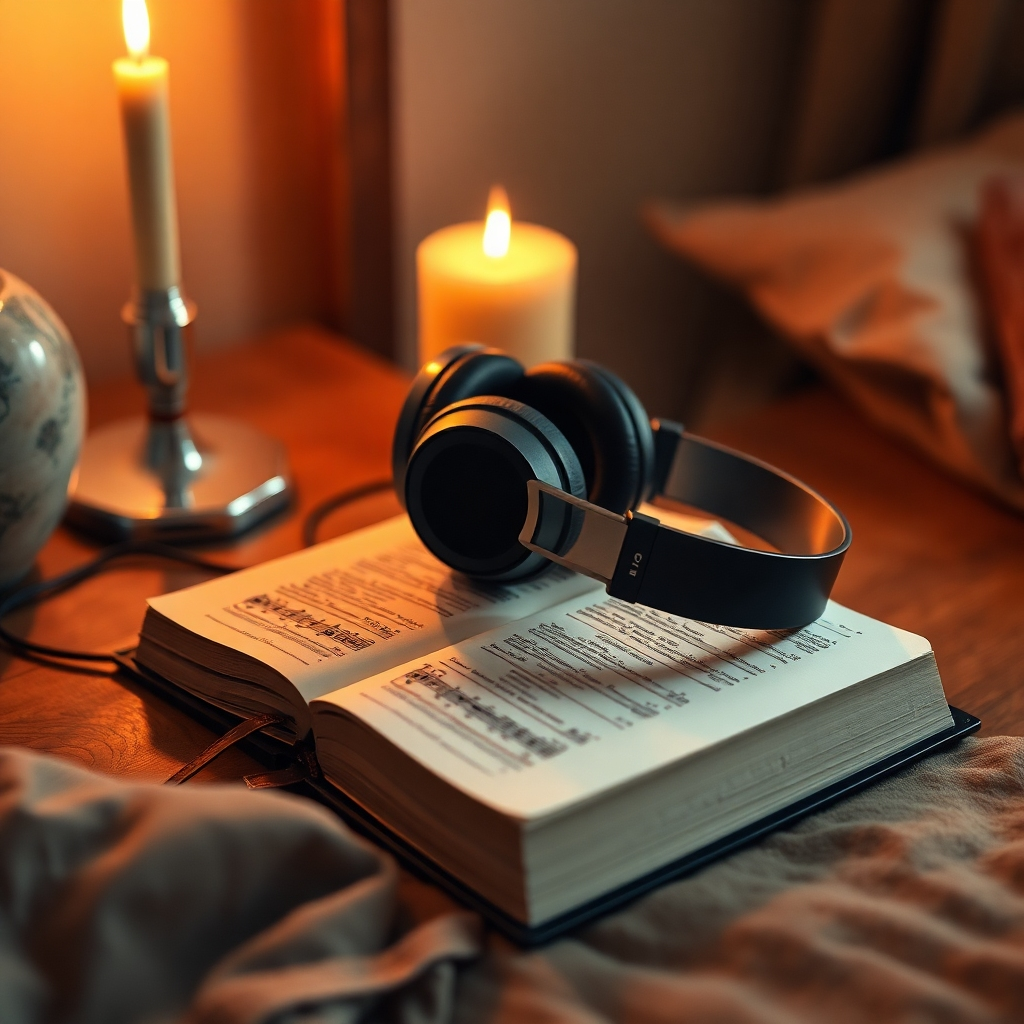 A photorealistic image of a bedside table with headphones resting on top of a bookmarked Bible. Soft candlelight illuminates the scene, creating a cozy and inviting atmosphere. Subtle visual cues of sound waves radiating from the headphones. The color palette is warm and inviting, dominated by earthy tones and soft lighting. Style reference: realistic photography with a focus on detail and texture. Technical specs: 4K resolution, high-quality rendering with realistic lighting and depth of field.