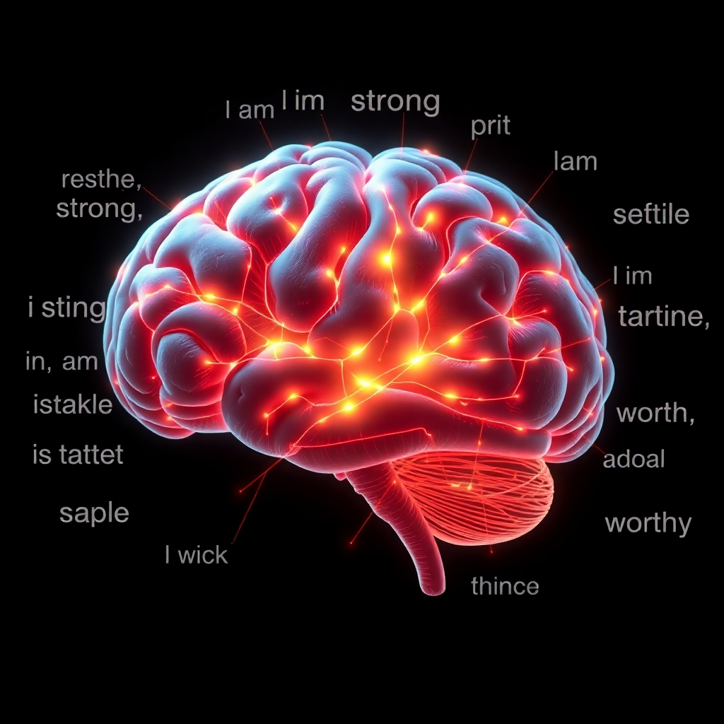 A photorealistic image of a brain with glowing, vibrant neural pathways being formed and strengthened, surrounded by positive words and phrases like 'I am strong,' 'I am capable,' and 'I am worthy.' The overall mood should be bright and hopeful, with a sense of energy and renewal.