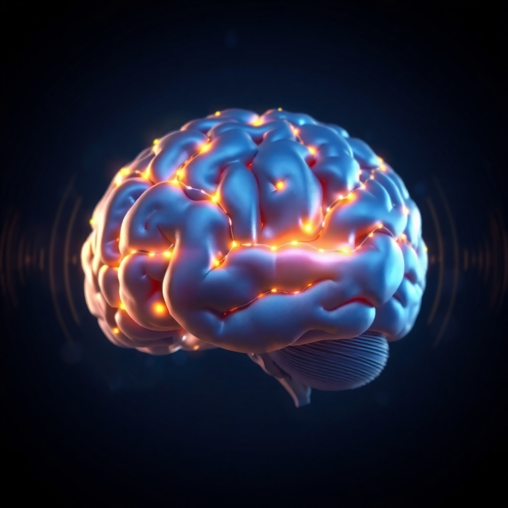 A photorealistic image of a brain with interconnected neural pathways lighting up, against a dark background. The focus is sharp and clear, symbolizing mental clarity. Subtle sound wave patterns radiate outwards from the brain. Color palette is primarily deep blue with bright gold highlights. The style is scientific yet visually appealing. Technical specs: High-resolution rendering, detailed textures.