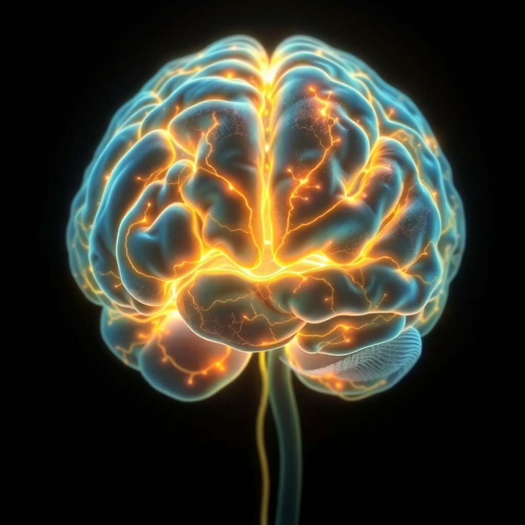 A photorealistic image of a brain with intricate pathways illuminated, representing the subconscious mind. The color palette is dark and mysterious, with pops of bright color to highlight the pathways. The image is a close-up, focusing on the brain's complexity. 4k resolution, high quality.