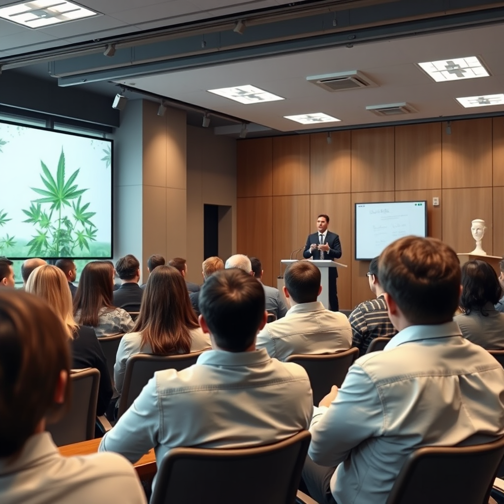 A photorealistic image of a cannabis education seminar in a modern conference room. Attendees are engaged and attentive, and the presenter is knowledgeable and informative. The atmosphere is professional and educational. 4K resolution, high quality.