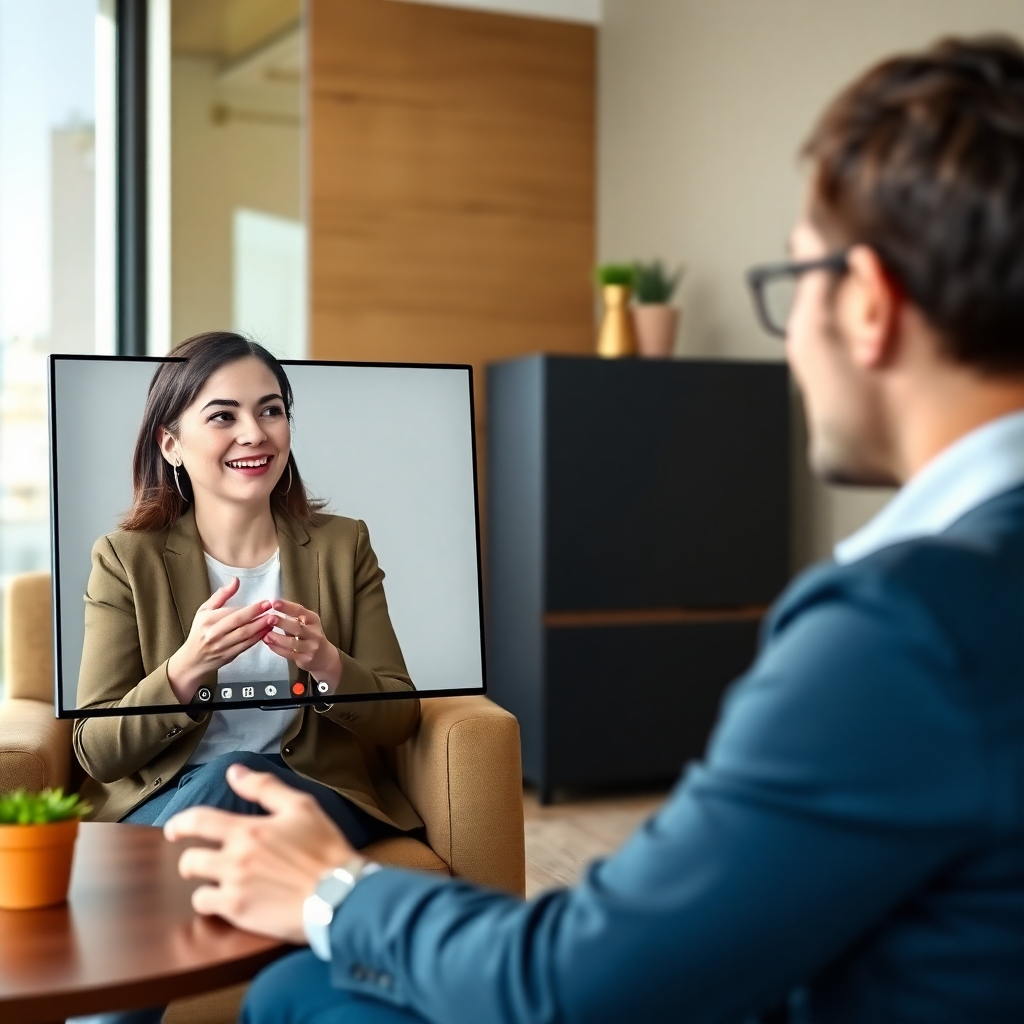 A photorealistic image of a career coach providing personalized guidance to a client via video call. The coach is smiling and supportive, while the client appears engaged and motivated. The setting is a professional and comfortable office environment. The color palette is warm and inviting, using tones of brown, green, and blue. The camera angle is close-up, focusing on the interaction between the coach and the client. Style: Empathetic and supportive.