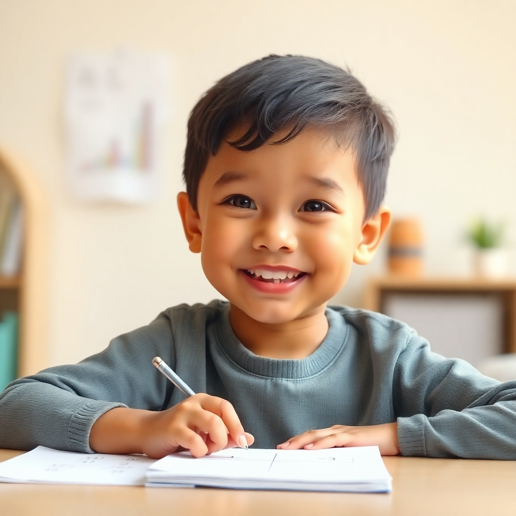 A photorealistic image of a child smiling confidently after successfully solving a math problem. The background should feature a calm, soothing environment, with soft lighting.