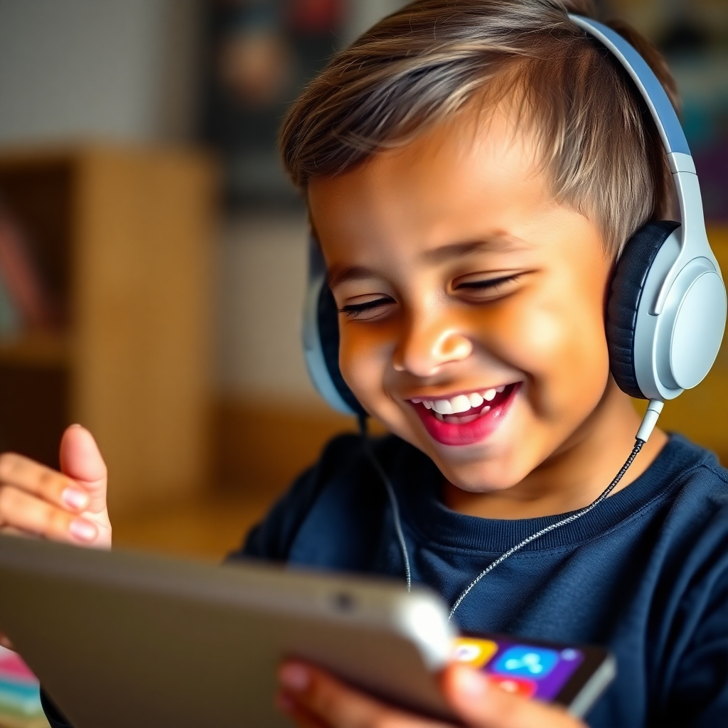 A photorealistic image of a child smiling radiantly while wearing headphones and looking at a tablet screen filled with colorful educational apps. The image should be vibrant and joyful, emphasizing the positive emotions associated with positive affirmations and technology.