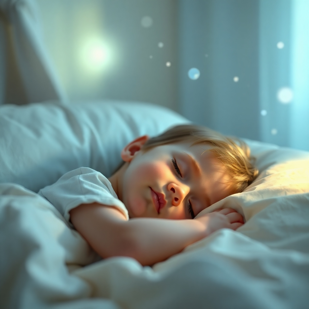 A photorealistic image of a child sleeping peacefully in bed, with soft, angelic light illuminating the room.  Include subtle particles of light to suggest magic and peace. Use a soft pastel color palette.  The texture should be soft and calming, emphasizing the peaceful atmosphere. The camera angle should be slightly elevated, creating a feeling of warmth and safety. High resolution is important.