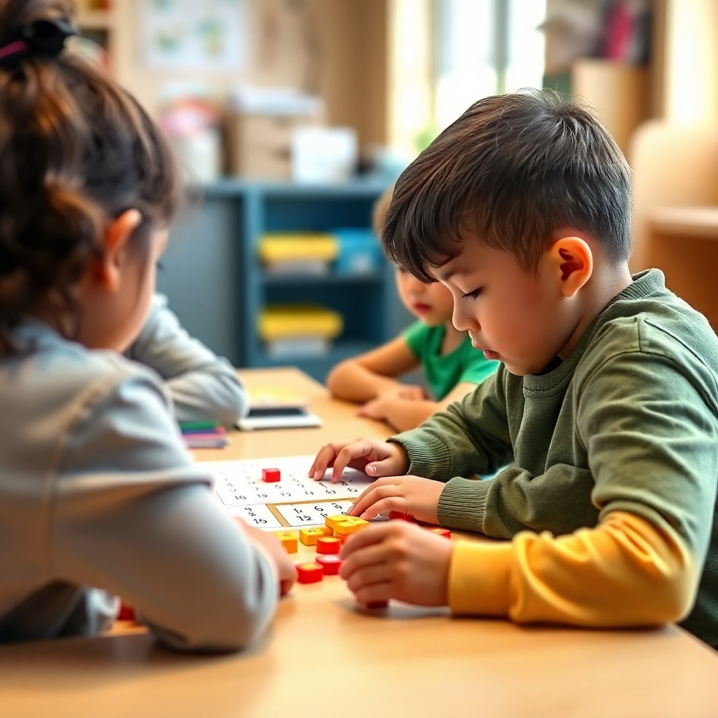 A photorealistic image of a child actively participating in a group math activity, working collaboratively with other children. The environment is warm and inviting.