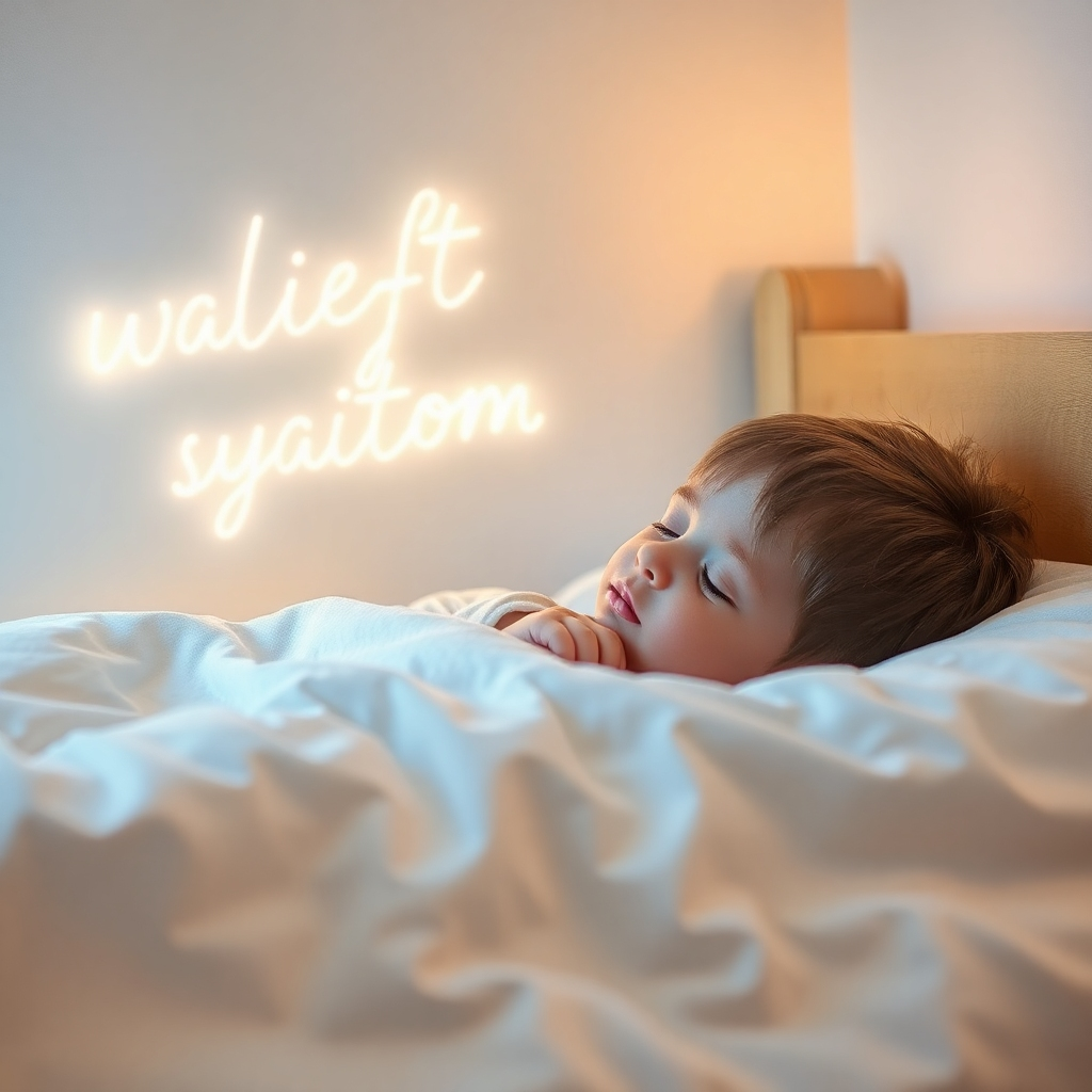 A photorealistic image of a child sleeping peacefully in their bed. Soft, glowing sight words softly appear on the wall near the bed, gently emanating from the wall in a calm environment with soft lighting.  The background should be a softly lit room. Texture should be soft, and the color palette soft and warm, evoking a feeling of peace and security. High resolution, emphasizing a peaceful and nurturing atmosphere is essential.