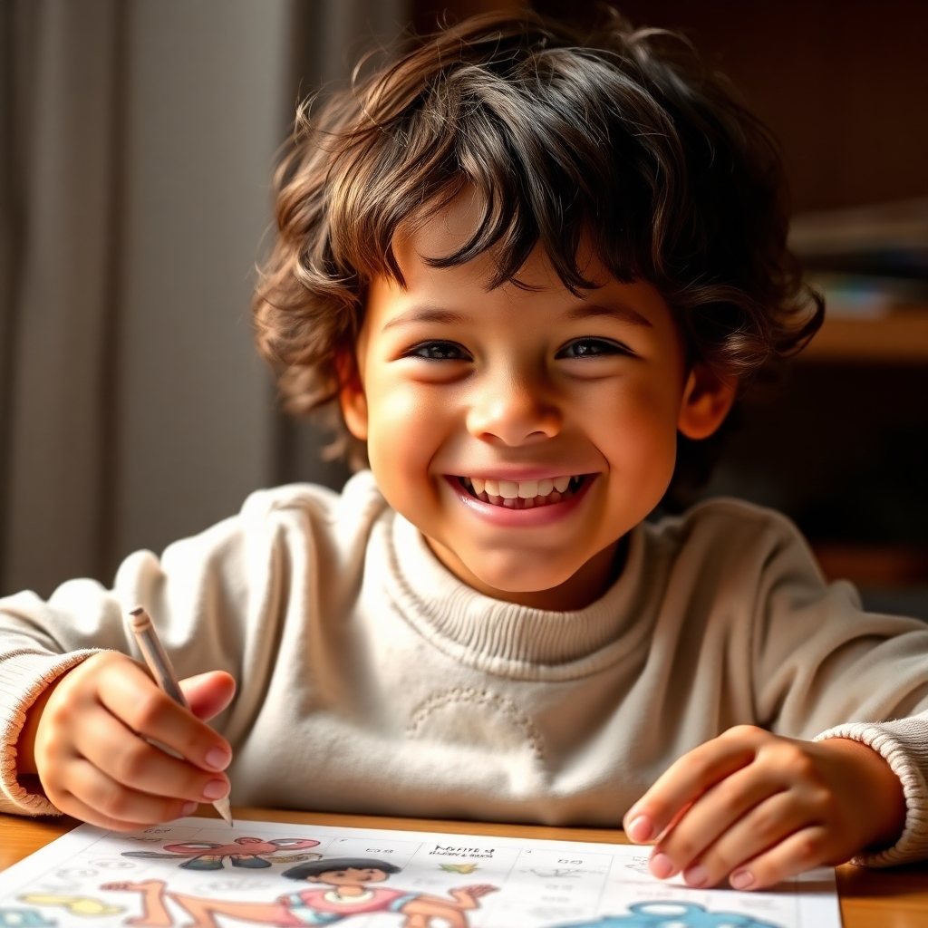 A photorealistic image of a child beaming with pride after completing a puzzle or drawing.  The image is bright and positive, showcasing the child's confidence and sense of accomplishment. Resolution: 4K, high quality
