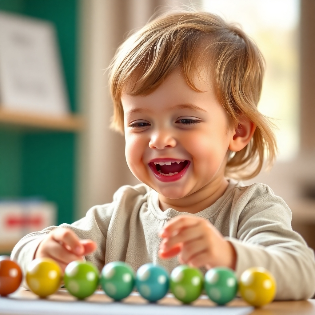 A photorealistic image of a child happily engaging with the counting exercise, demonstrating focused attention and a positive learning attitude. 4K resolution. The image should convey the joy of learning and the positive energy created by the combination of learning and affirmations.