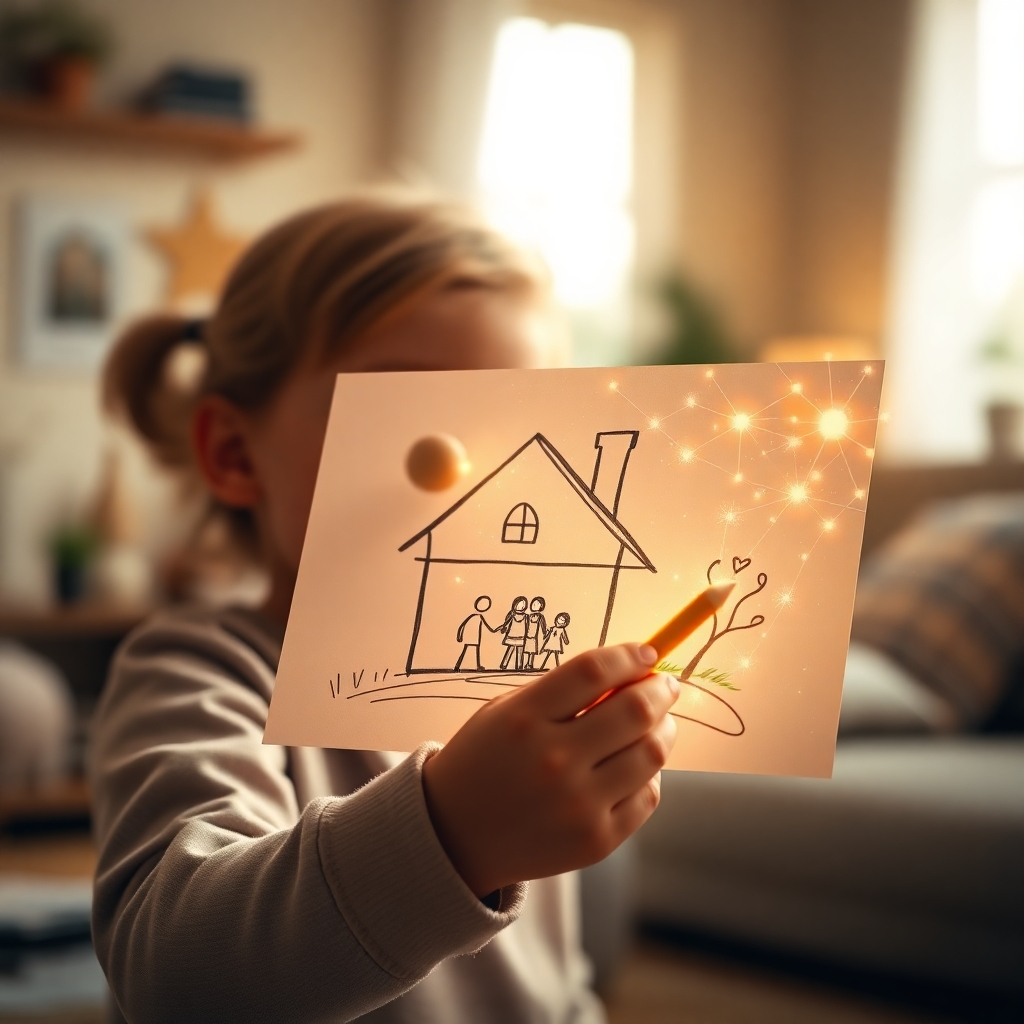 A photorealistic image of a child drawing a picture of a house with a happy family outside. The drawing radiates a warm, golden light. Overlayed on the drawing are subtle quantum energy patterns, illustrating the connection between intention and reality. The background is a blurred image of a comfortable home. Use warm colors and soft lighting in 4K.
