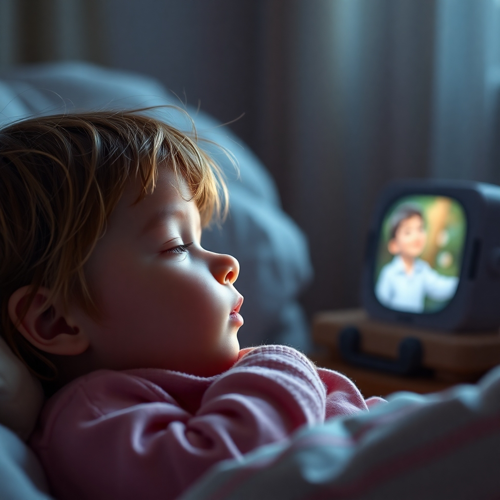 A photorealistic image of a child peacefully drifting off to sleep while watching our video, soft light and gentle colors creating a calm and serene atmosphere.