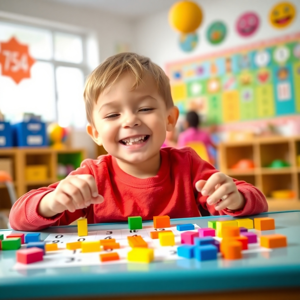 A photorealistic image of a child happily solving multiplication problems with colorful manipulatives, such as blocks or counters. The background is a bright, playful classroom.