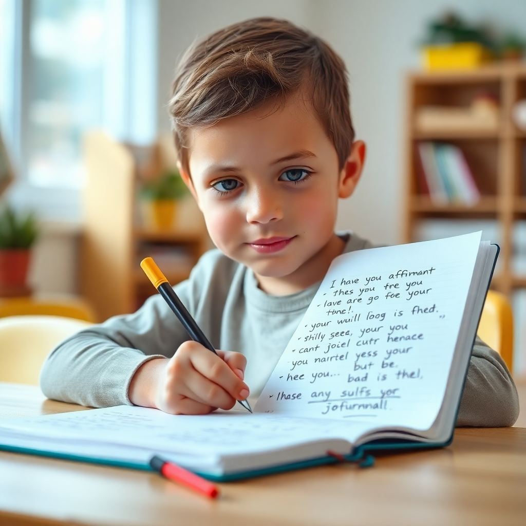 A photorealistic image of a child writing affirmations in a journal. The child is sitting at a desk in a bright and cheerful room. The journal is open, displaying handwritten affirmations in a clear and easy-to-read font. The child's face expresses focus, determination, and self-belief. The background is blurred, focusing attention on the child's writing and expression. The style blends a realistic representation with a warm and encouraging atmosphere. Technical specs: 4K resolution, high-quality rendering, bright and cheerful lighting.