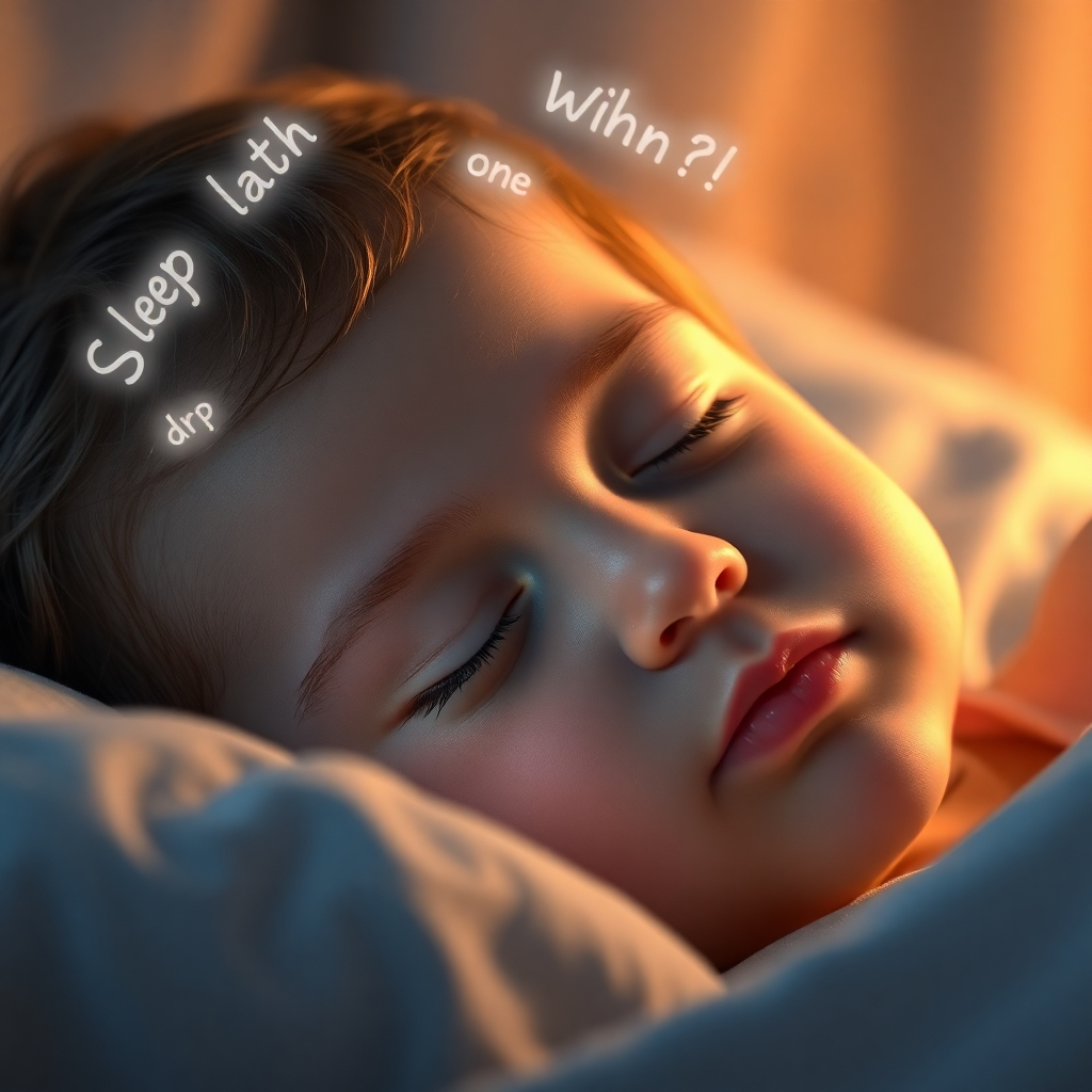 A photorealistic image of a child sleeping soundly, with soft light gently illuminating their face.  Subtle, glowing sight words appear around their head, integrated seamlessly into the image. The background should be soft and blurred, with calming colors. The overall mood should be calm, peaceful, and magical, reflecting the subconscious learning process. High resolution, focus on facial expression, and a calming color palette are essential. The scene should be in a bedroom at night, with soft lighting.