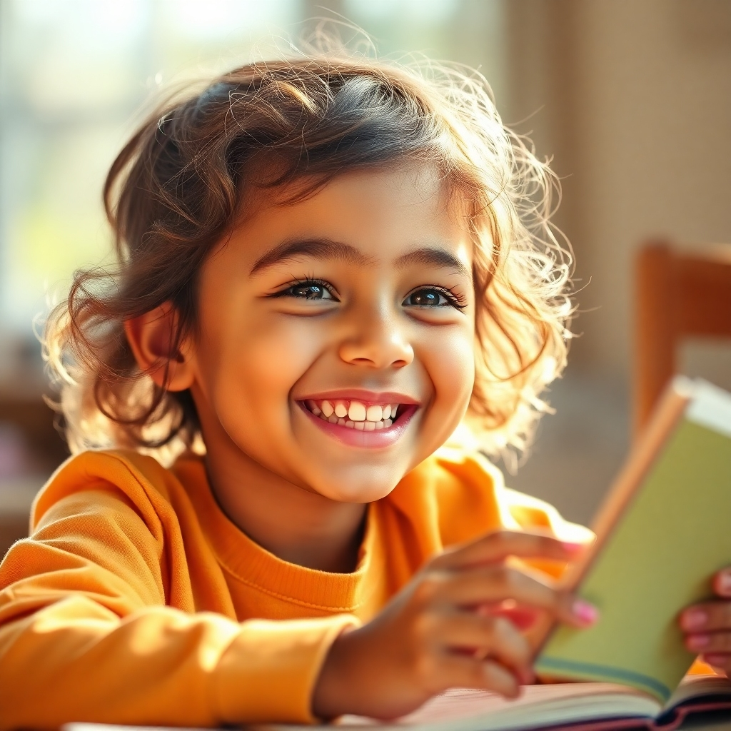 A photorealistic image of a child surrounded by sunlight, looking happy and content while engaging in a fun learning activity.  The image should be bright, positive, and uplifting, representing a positive mindset. Resolution: 4K, high quality