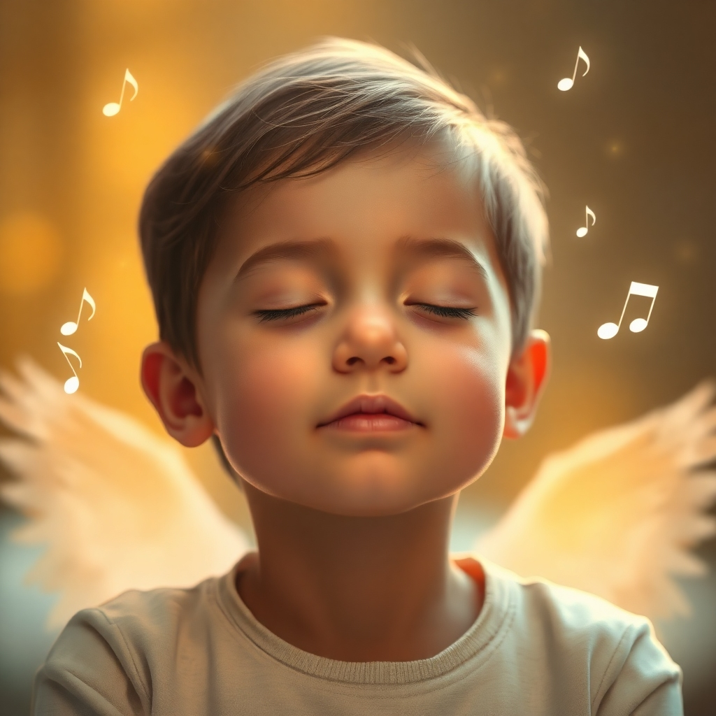 A photorealistic image of a child with their eyes closed, peacefully meditating, surrounded by soft, warm light. Angelic music notes gently float around them. The overall tone is calm, peaceful, and nurturing. The resolution should be 4K.  The scene should invoke a sense of serenity and inner peace.