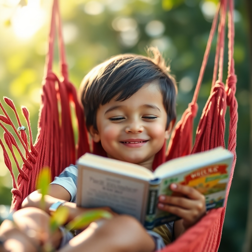 A photorealistic image of a child relaxing in a hammock while reading a book. The child is surrounded by lush greenery and gentle sunlight. The child's face expresses peace, contentment, and joy. The background is blurred, focusing attention on the child's relaxation and enjoyment. The style blends a realistic representation with a tranquil and serene atmosphere. Technical specs: 4K resolution, high-quality rendering, soft and warm lighting.