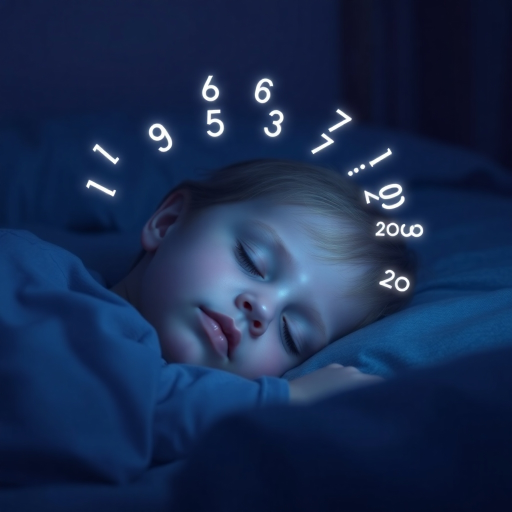 A photorealistic image of a child sleeping soundly, a gentle glow emanating from their forehead as numbers 1-20 float around them. The setting is a dimly lit bedroom, and the color palette is calm and soothing, with a focus on soft blues and purples. The camera angle should be from a slightly above perspective.