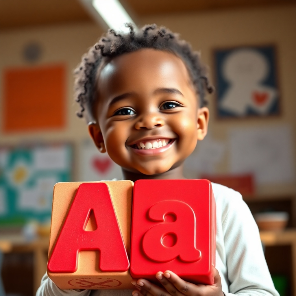 A photorealistic image of a child smiling confidently while holding a large, brightly colored 'A' for Apple block. The background is blurred but shows a warm and inviting classroom setting. Lighting is soft and natural. The child's clothing and the block's texture are highly detailed. Focus on the child's radiant expression of joy and confidence. 4K resolution