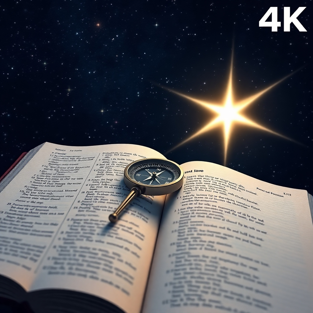 A photorealistic image of a compass pointing towards a radiant star. The compass is resting on an open KJV Bible, with specific verses highlighted. The background is a night sky filled with stars, representing the infinite possibilities of the universe. 4K Resolution.