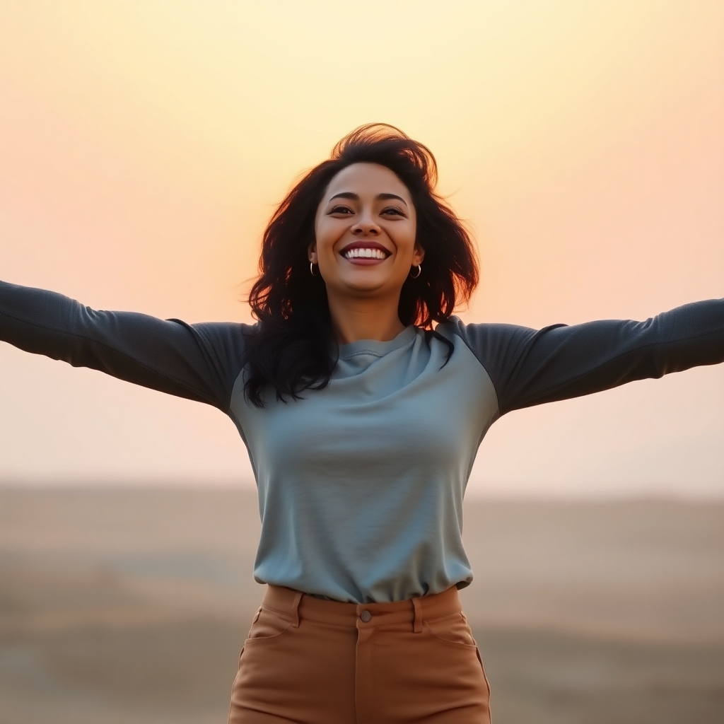 A photorealistic image of a confident woman standing tall, arms outstretched, smiling brightly at the rising sun, with golden rays illuminating her face. The background is a minimalist, serene landscape with soft pastel colors. The overall mood is one of calm strength and self-assuredness. The woman appears to be in her 30s, with a diverse ethnic background.  High resolution, 8k quality, cinematic lighting.