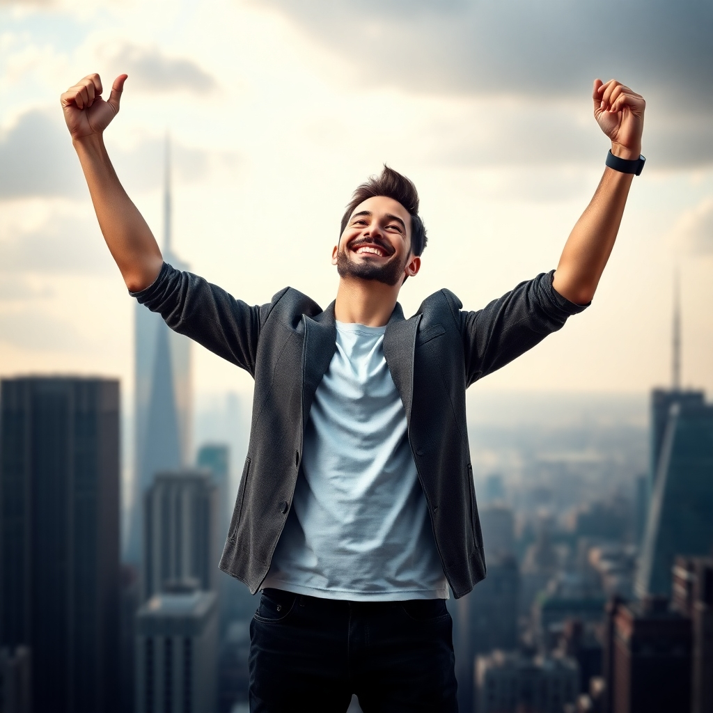 A photorealistic image of a confident person standing tall, arms raised in a victorious pose, smiling brightly. The background is a city skyline, suggesting achievement and success. The image should convey a strong sense of confidence and accomplishment.  High resolution, 8k quality, detailed textures, dramatic lighting, photorealistic rendering
